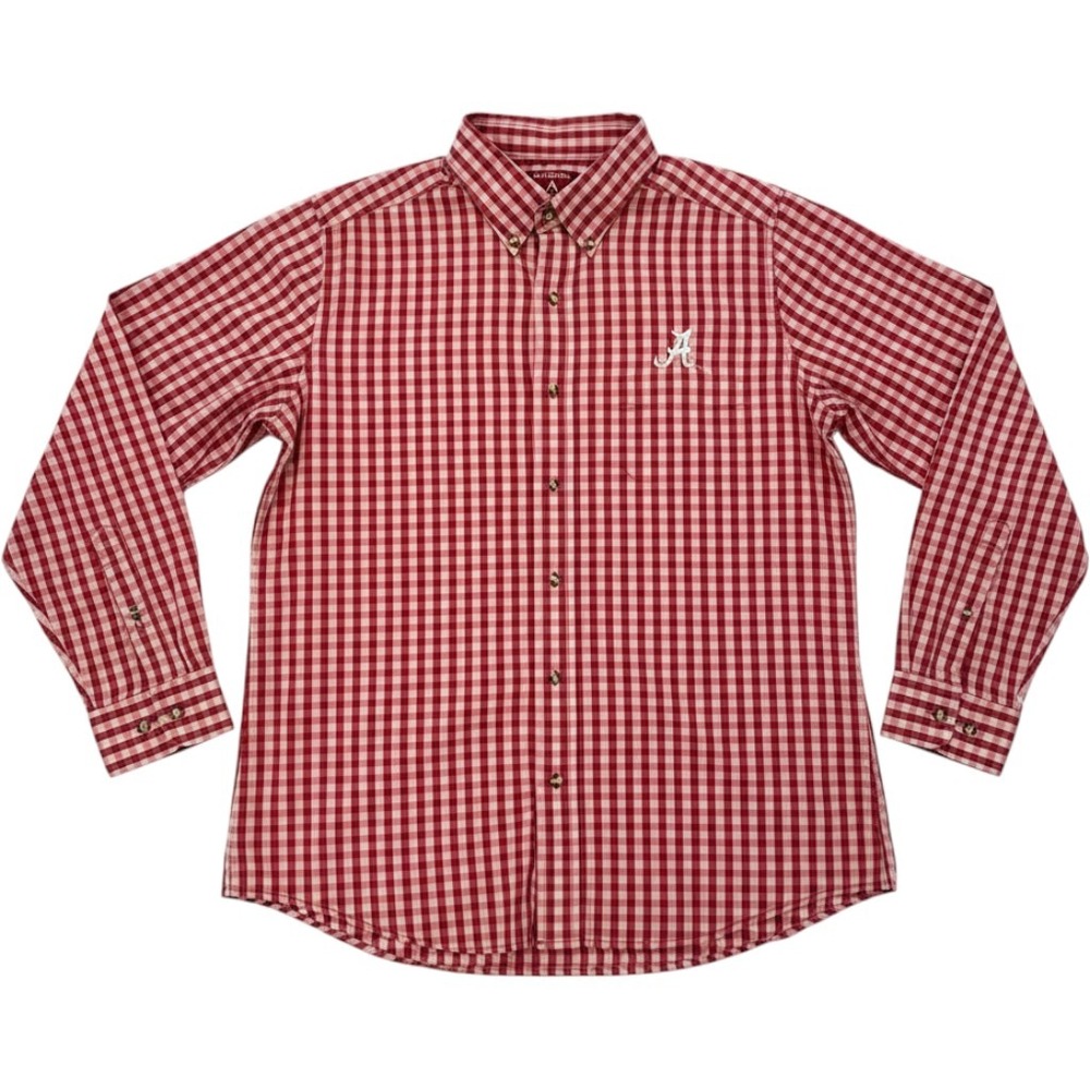 Antigua Alabama Crimson Tide Button Down Mens Large Red Gingham Plaid Shirt